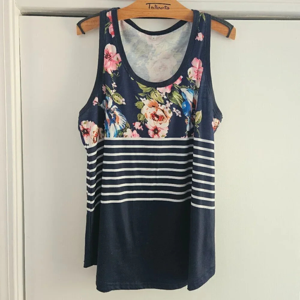 Sleeveless Stripe Floral Scoopneck Large Tank Top - Picture 2 of 6